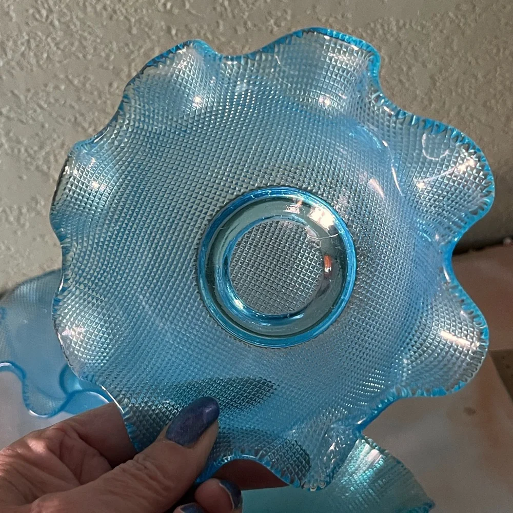 Vintage Italian Colony Waffle Ruffled Glass Dessert Bowls 1960s - Blue